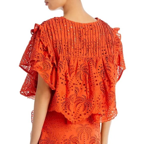 Farm Rio Palm Tree Eyelet Blouse in Orange Size XL - Picture 2 of 5